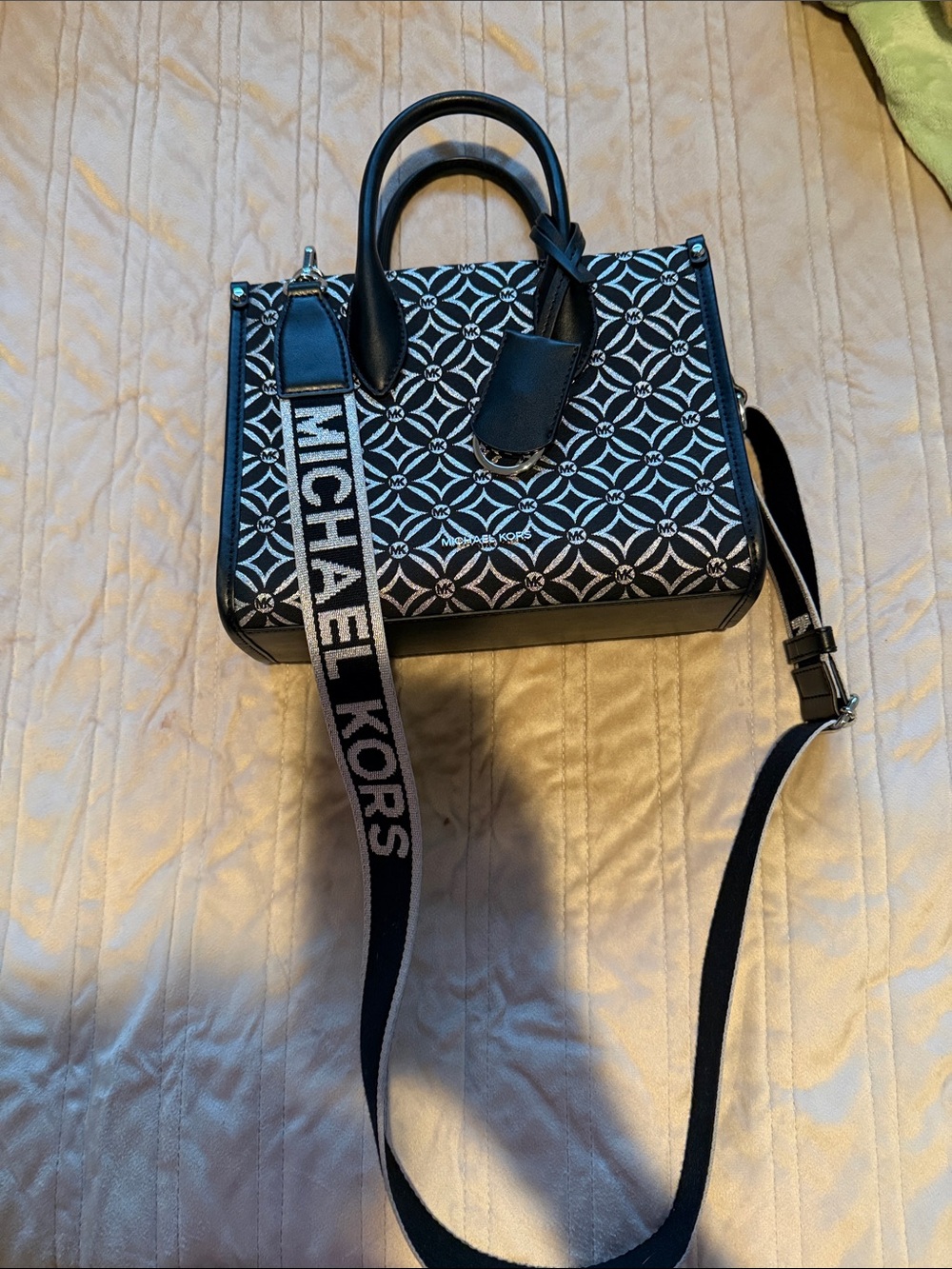 Michael Kors Black & White Logo Jacquard Satchel with Branded Strap